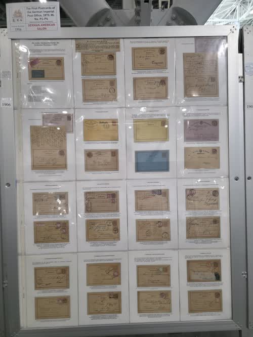 The First Postcards of the German Imperial Post Office, 1873, Mi. No. P1-P4 — frame 1906, exhibited by Hansmichael Krug